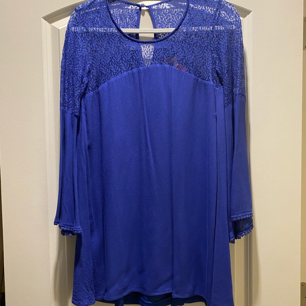 Shift dress with lace top and arms.